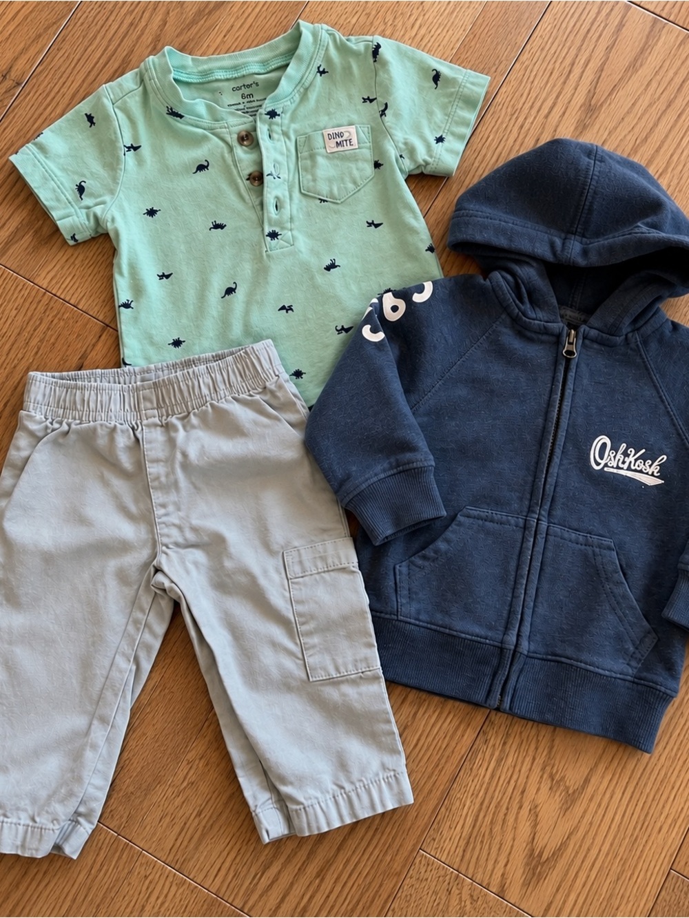 Carter's Mint Green Dino Shirt and Navy Hoodie Set with Light Gray Pants
